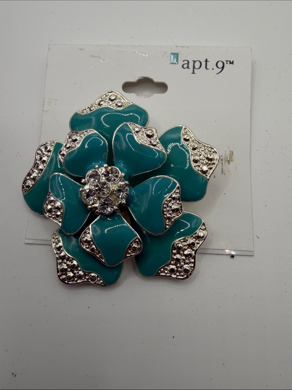 Apt. 9 Turquoise Flower Brooch with Clear Crystals